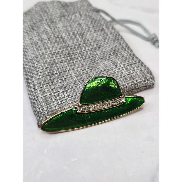 Painted Enamel Embellished Green Hat Brooch - Picture 1 of 5